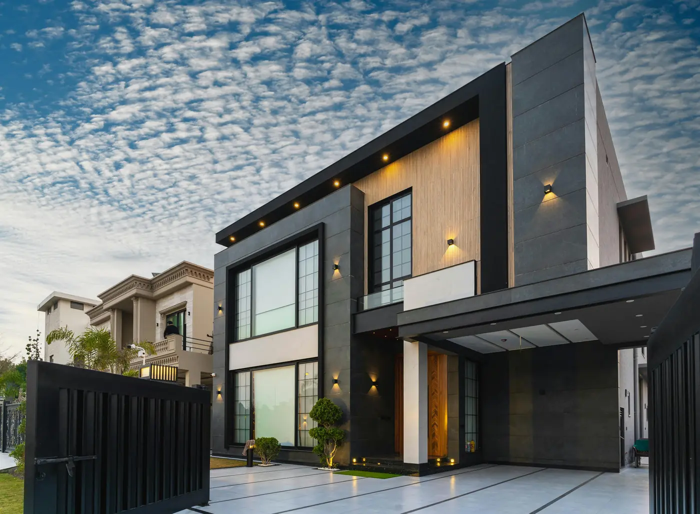 A modern house with a wooden and stone facade