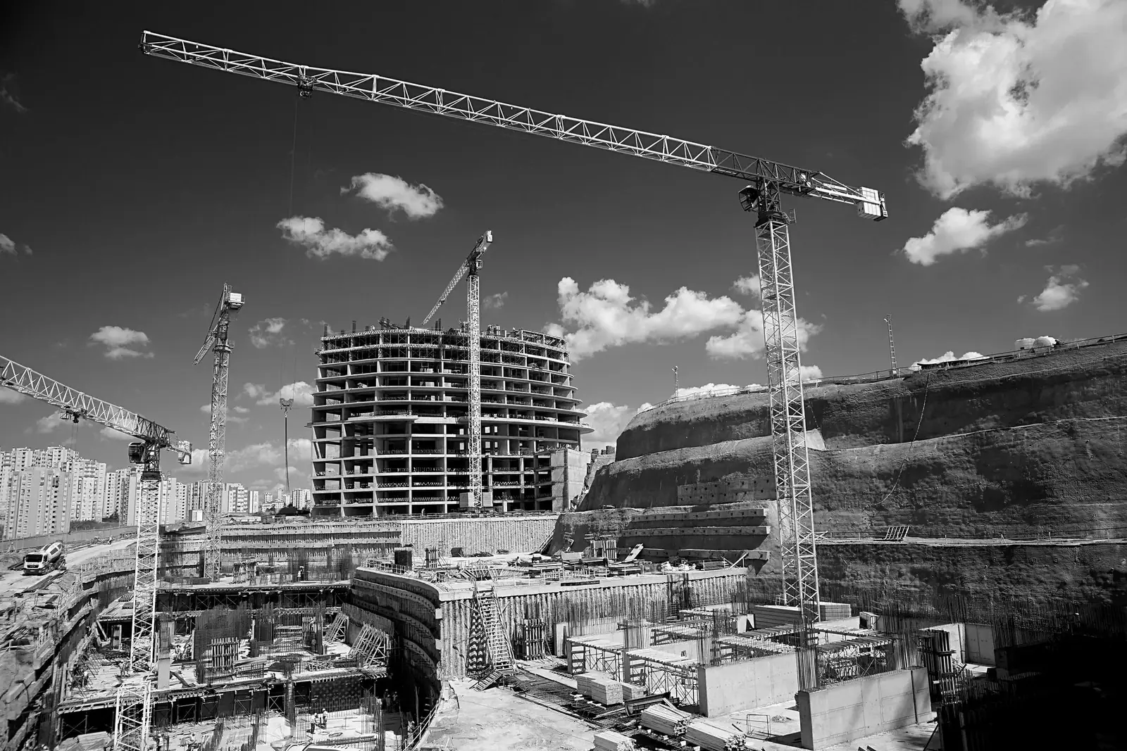 A construction site with a tower crane